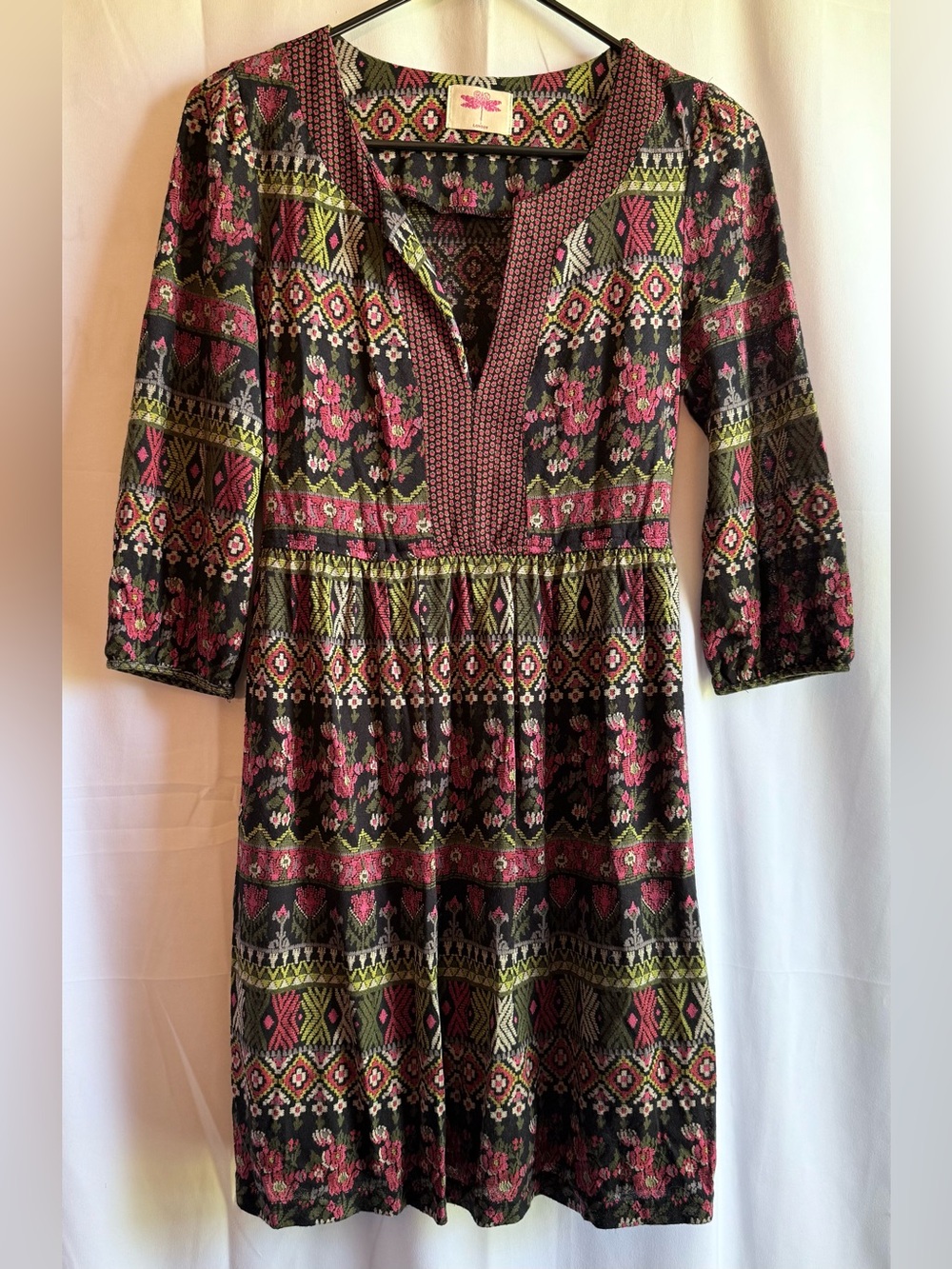 R N London Multicolored Patterned Long Sleeve Tie Back Dress Medium